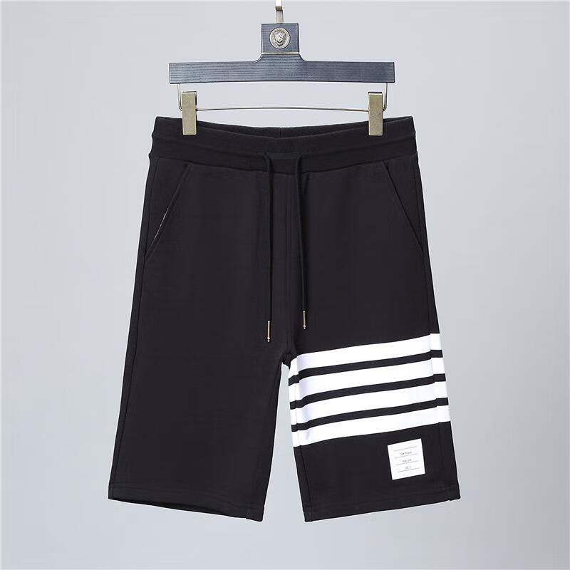 tb四道杠短裤男条纹色织纯棉宽松休闲五分裤男经典百搭运动中裤 黑色