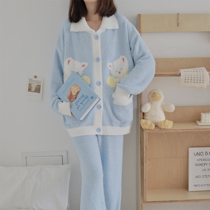莫代尔可爱卡通小熊加厚保暖睡衣女2024冬季新款半边绒家居服套装可外穿 蓝色 均码
