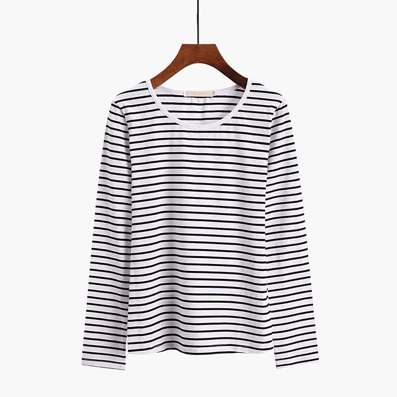 妈妈女装春秋款老人长袖t恤女大码打底衫上衣圆领奶奶衣服 白底细黑条