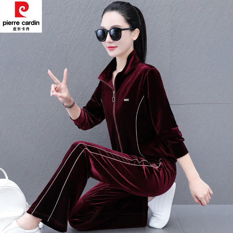 皮尔卡丹(pierre cardin)高端金丝绒套装女春秋时尚减龄运动服休闲