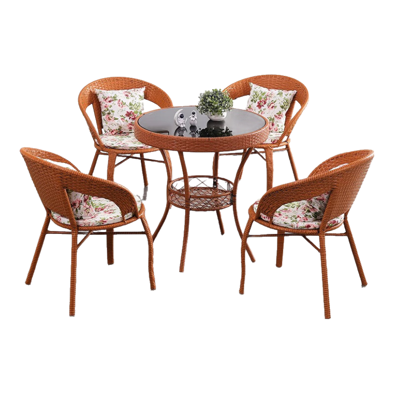 明強陽臺休閑小茶幾組合小戶型戶外室內喝茶臺桌椅戶外桌椅套裝三件套 4椅1桌古黃色【坐墊抱枕】 中號圓桌七十直徑