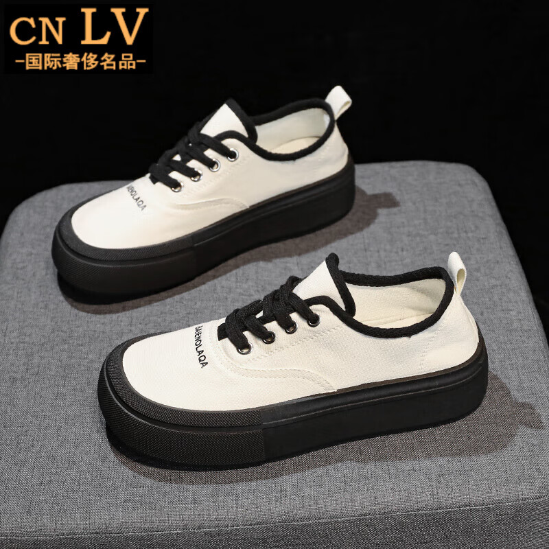 cnlv小白鞋女2024新款女鞋百搭鞋子夏季夏款透气薄款厚底帆布板鞋轻奢
