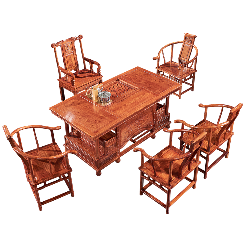 祥蕴阁红木家具非洲花梨(学名:刺猬紫檀)杜丹茶桌实木茶桌椅组合 1.38米茶桌一桌五椅