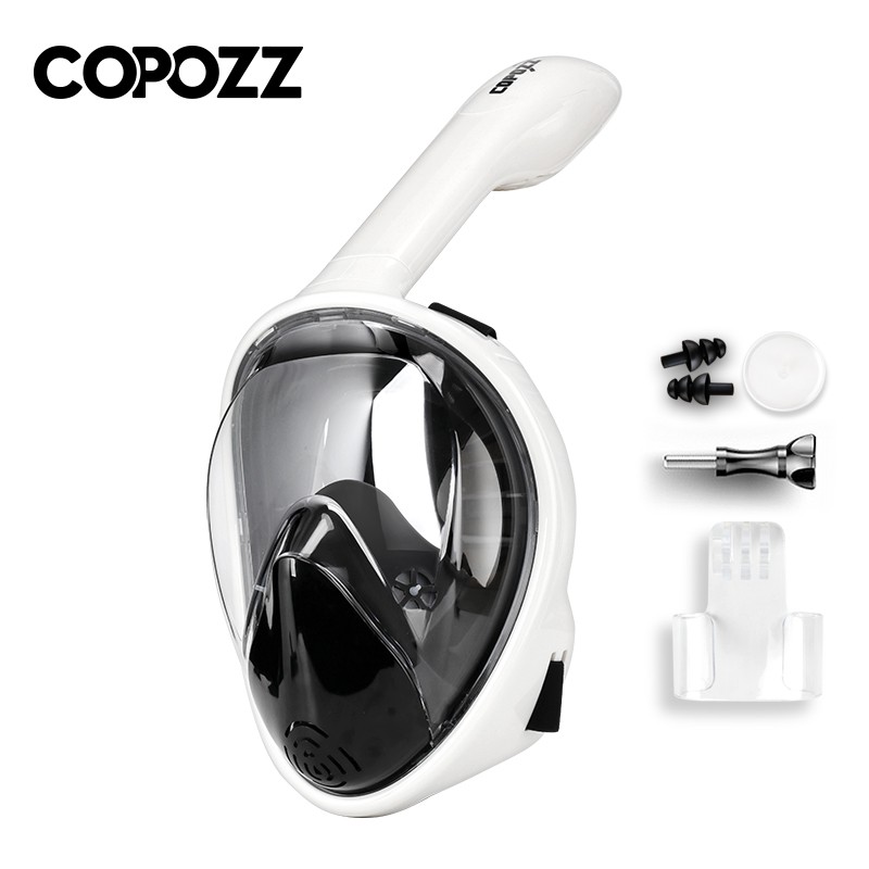 酷破者COPOZZ浮潜装备面罩三宝潜水眼镜儿童成人近视全脸呼吸干式面镜 黑白色 L/XL（大于12cm）