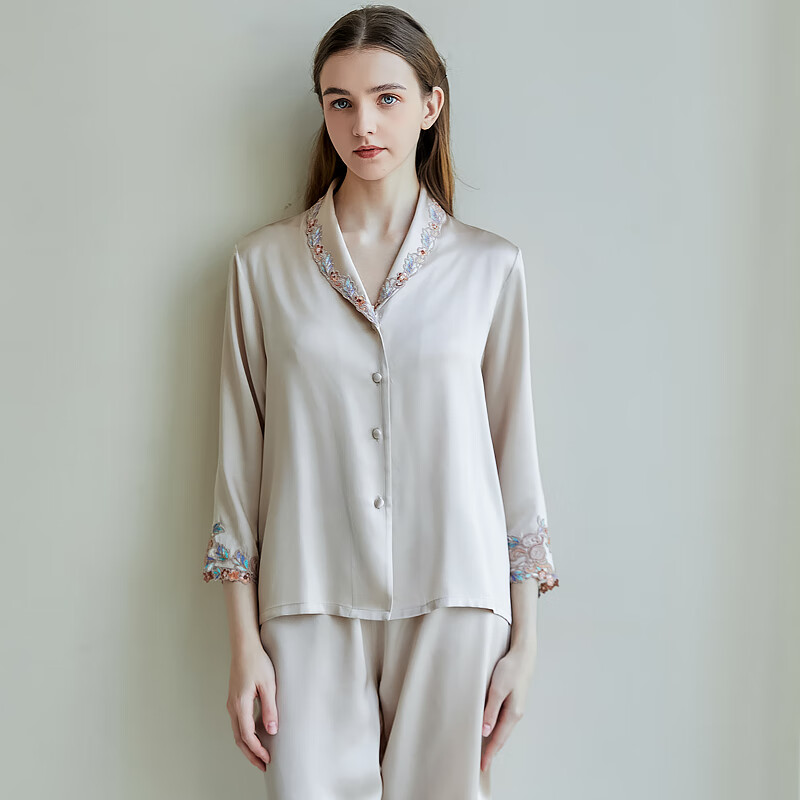 江南故事真丝睡衣女重磅19姆米桑蚕丝长袖长裤套装亲肤家居服高级感礼物 香槟灰色 【爱人礼物】 3XL