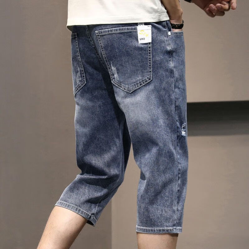 kmka凉感牛仔裤夏天七分裤青年男夏季新款七分个性复古水洗宽松浅色短