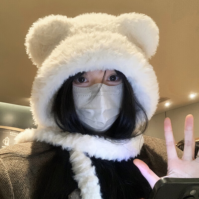 蘇木佰（SOMUBAY）可愛小熊耳朵帽子女秋冬季毛絨針織帽大頭圍顯臉小護耳保暖毛線帽 象牙白升級加厚款 不掉毛 均碼54-60cm
