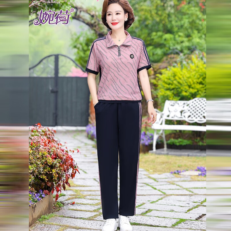 婉荷中老年妈妈半拉链短袖套装印花拼接条减龄洋气九分裤两件套 粉紫色 XL(建议95-110斤)