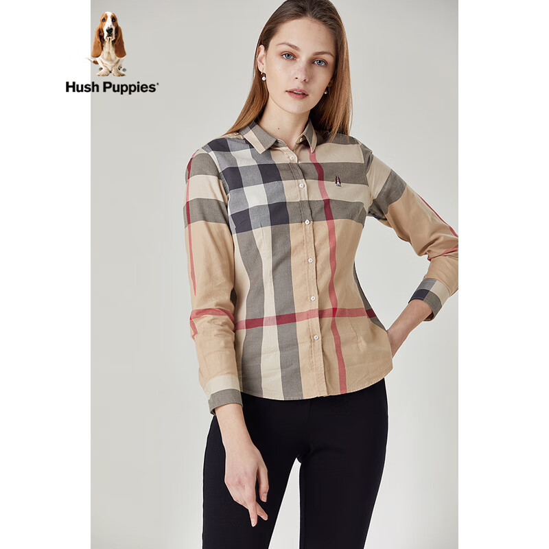 Hush Puppies暇步士女装春季新款纯棉格子长袖女士衬衫|HA-18501D 卡其-130 M