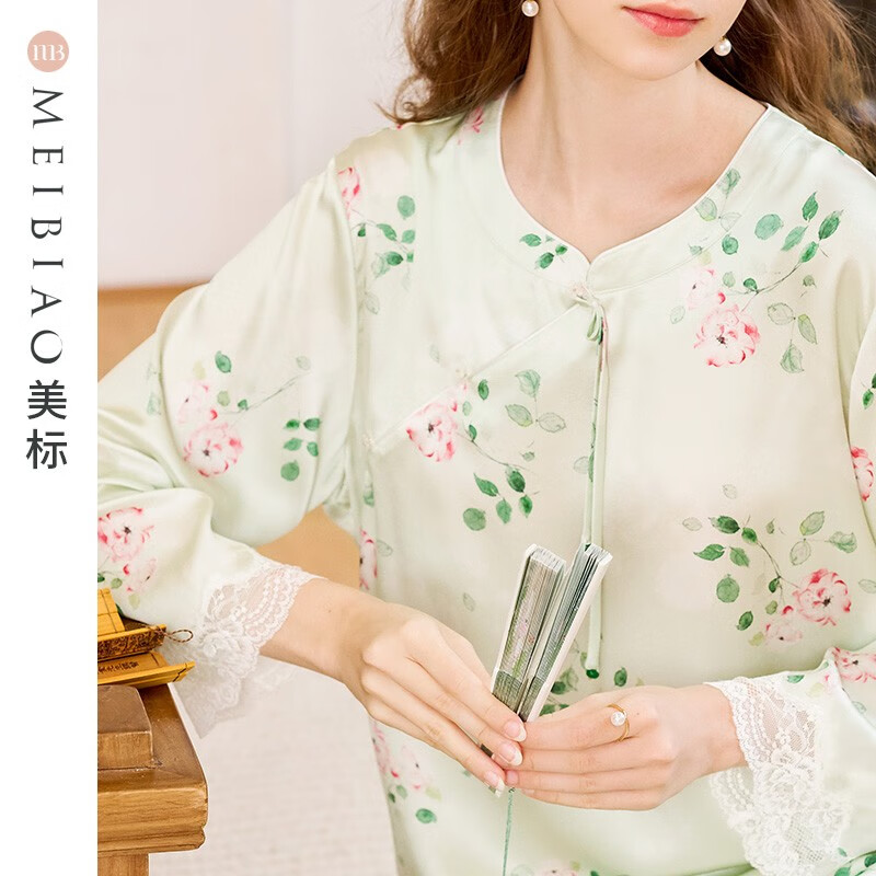 美标商场同款送礼物长袖真丝睡衣女春秋重磅桑蚕丝中国风丝绸家居服夏 淡绿 L (165/88A)