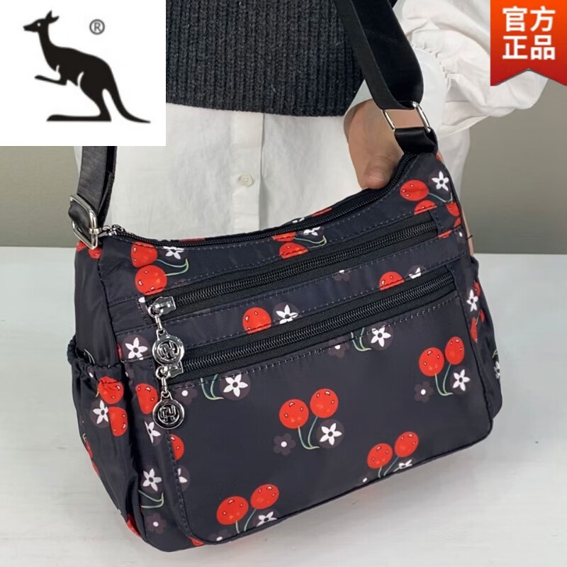酷奇袋鼠时尚单肩斜挎包2025新款多层女包防水帆布大容量中老年包包妈妈包 升级(6908)樱桃
