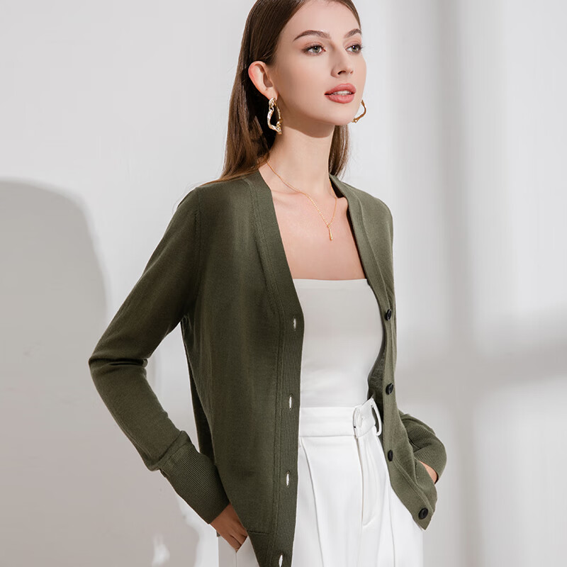 德凯佳新款v领春夏针织衫外搭开衫纽扣纯色长袖外套上衣羊毛衫 米白 S