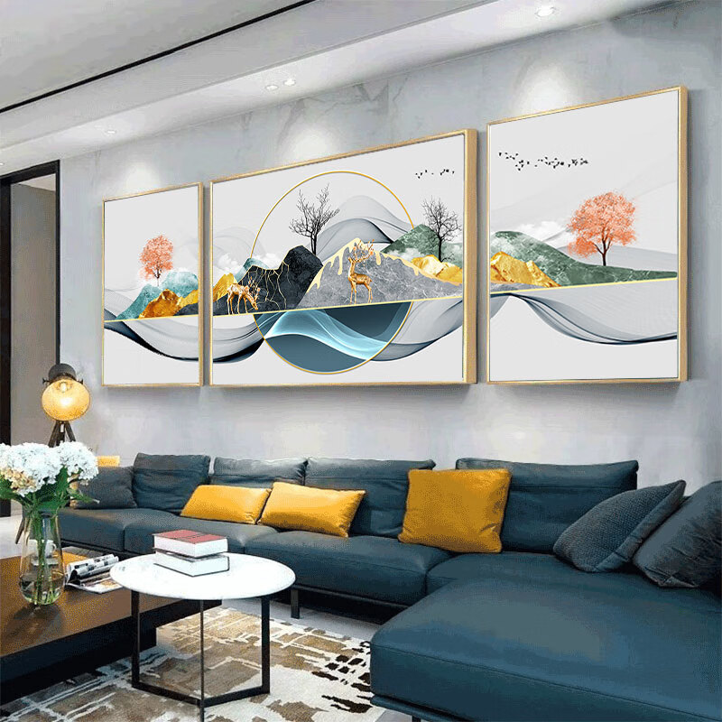 七点见装饰画客厅沙发背景墙镶钻烤瓷晶瓷画简约山水挂画北欧田园壁画