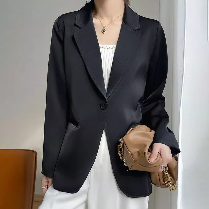 东方鸭b03春夏新款缎面薄款小西装外套女宽松纯色防晒外搭上衣宽松