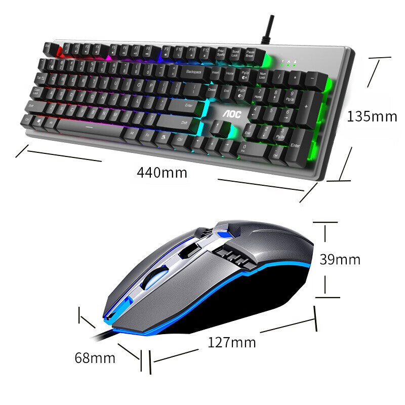 AOC KM410 机械手感 有线键盘鼠标套装 办公游戏键鼠 笔记本电脑台式机USB外接键鼠 炫彩背光 金属面板