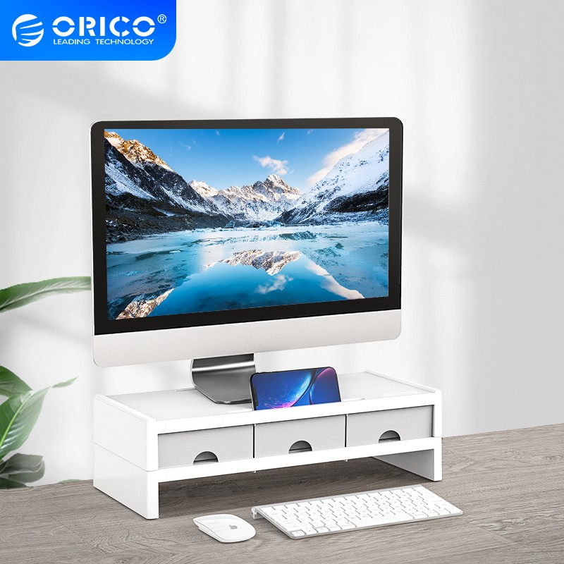 奥睿科（ORICO）电脑显示器支架 桌面收纳整理置物架 电脑增高架 显示器底座 带抽屉支架 双层-白灰