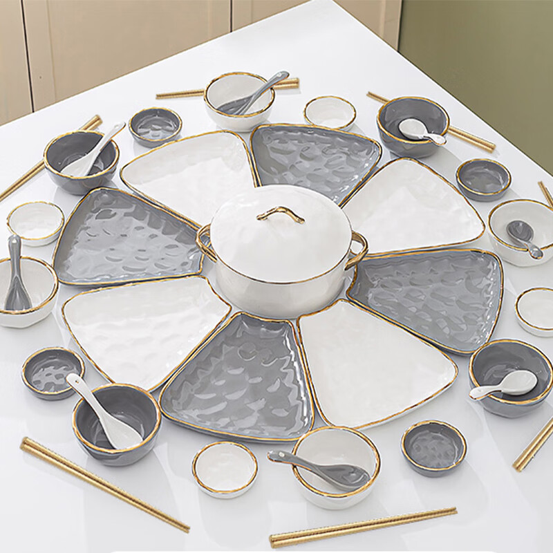英格丽(INGRI)陶瓷拼盘餐具组合套装家用圆桌团圆家庭聚餐菜盘子碗乔迁新居送礼 双拼汤锅41件套 京东折扣/优惠券