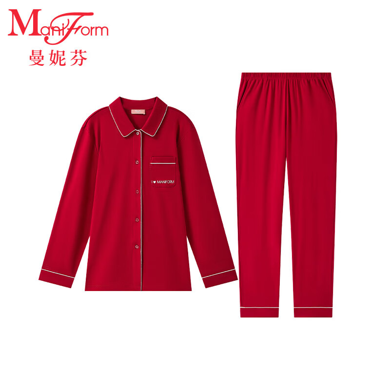 曼妮芬舒適親膚家居服小翻領(lǐng)開襟長袖長褲睡衣套裝女起居服