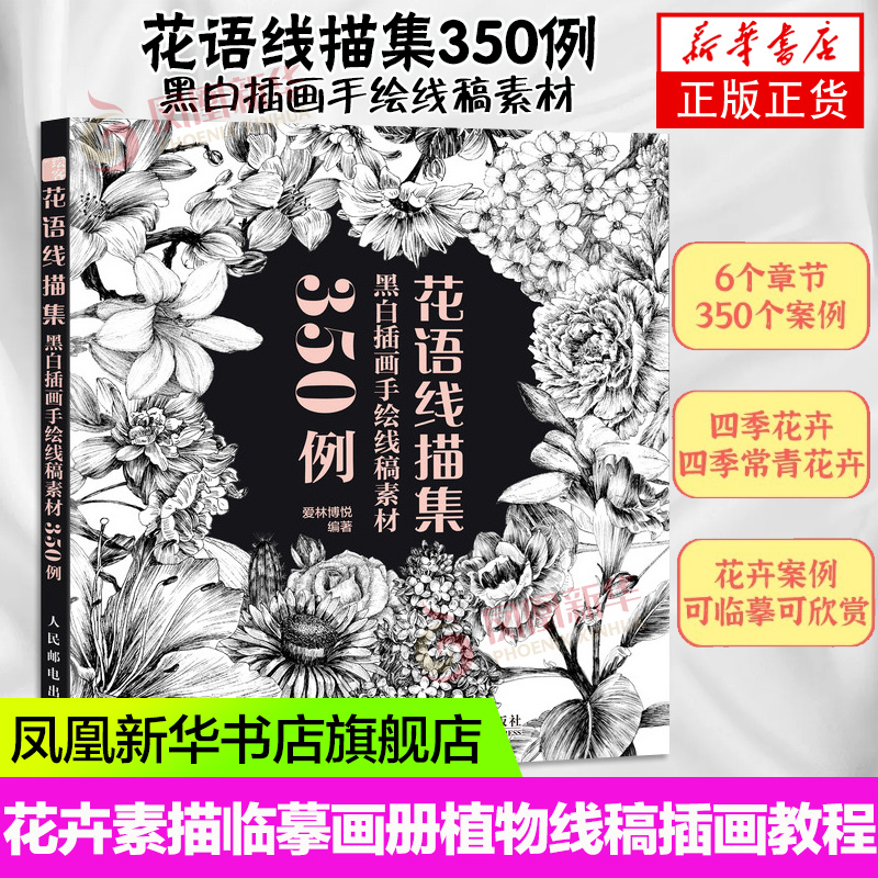 黑白插画手绘线稿素材350例 花卉素描临摹画册书植物线稿插画教程铅笔