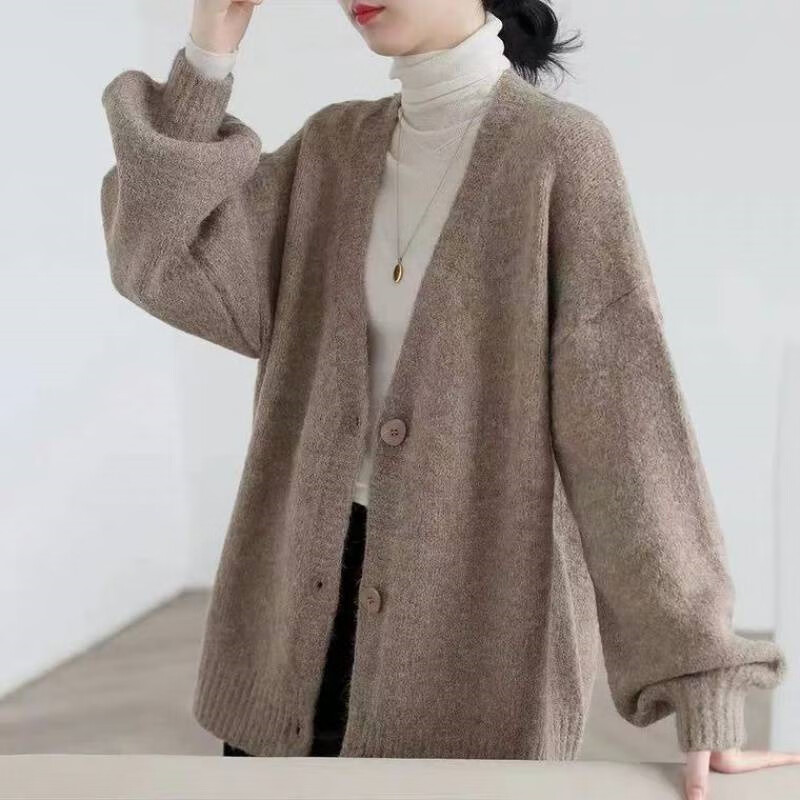纤晟伊纯色毛衣开衫女外套2023春秋新款宽松韩版学生百搭针织衫外穿潮 驼色 均码