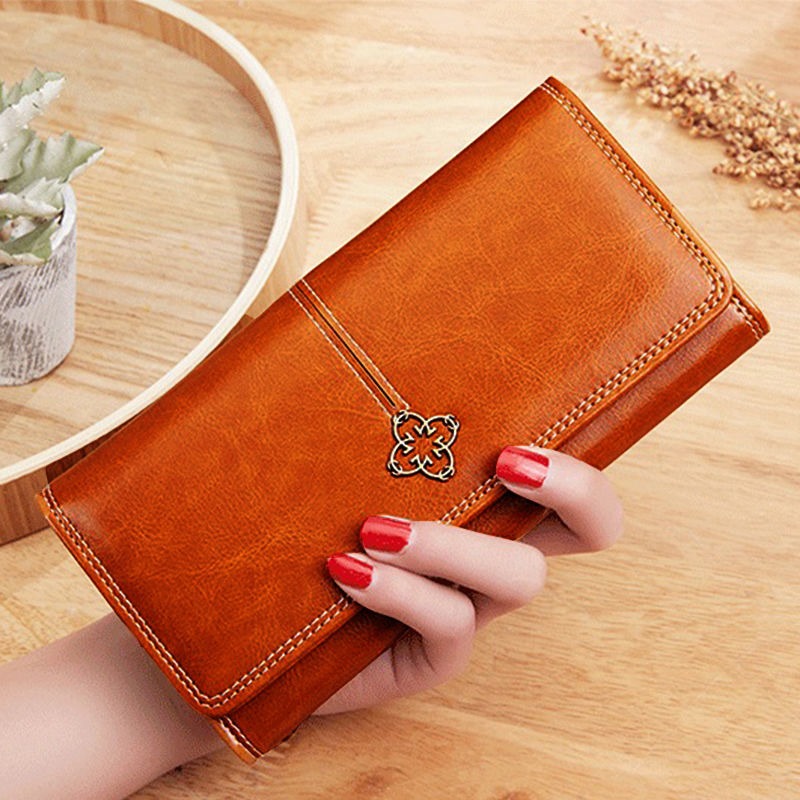 女士小钱包迷你两折叠搭扣软皮夹钱包女短款多卡位零钱包手拿卡包 长款--棕色