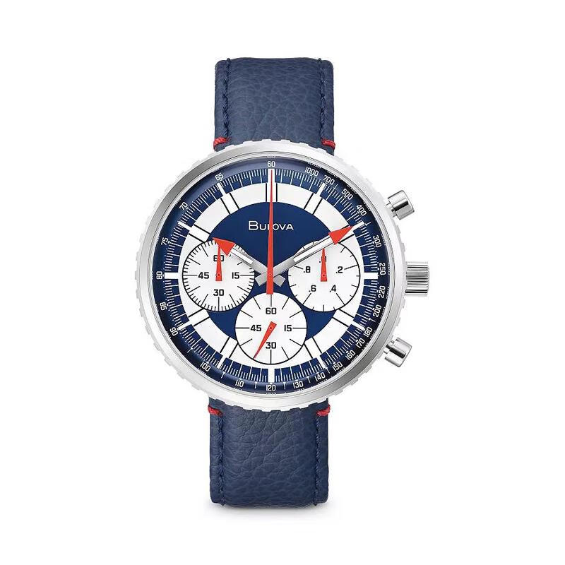 宝路华(bulova)手表chronograph c个性蓝白盘三眼计时皮带防水男士
