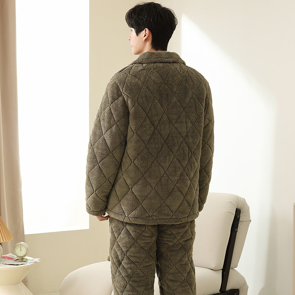 香蜜闺秀【三层夹棉加厚】男士睡衣秋冬新款长袖可外穿保暖男士家居服套装 W3424013橄榄绿 3XL