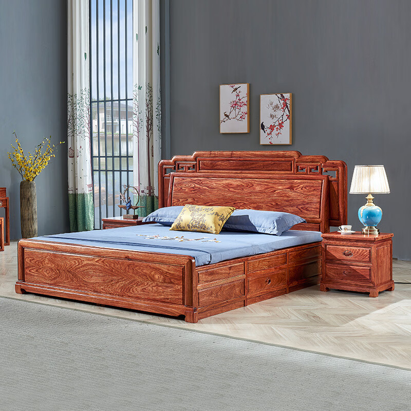 古尚古红木家具非洲花梨(学名:刺猬紫檀)国色天香双人婚床实木雕花
