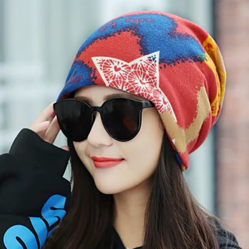 (帽子围脖二合一)秋冬帽子女韩版头巾帽保暖多功能月子帽包头帽 大星星铁锈红