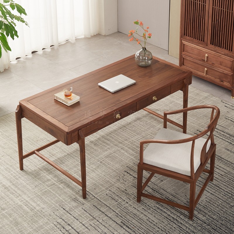 追梦狼新中式北美黑胡桃全实木书桌现代家装书房免漆办公桌写字台家具