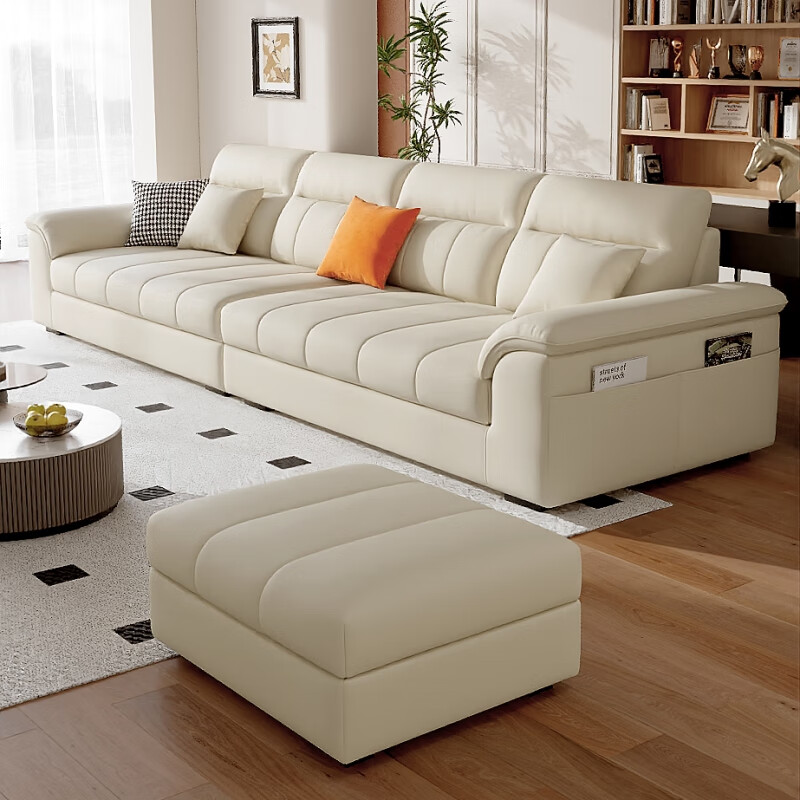 柏淋堡2024新款现代简约真皮沙发小户型客厅直排广东佛山头层牛皮奶油风 高密度高回弹海绵版 直排大四人位3.5米+脚踏