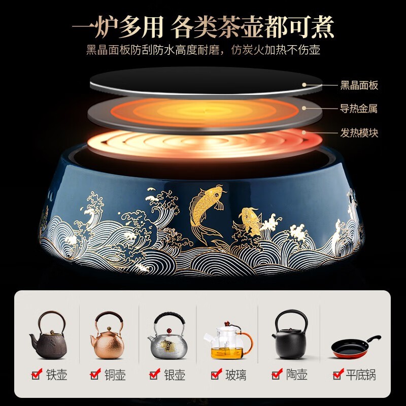 不拙电陶炉煮茶器玻璃煮茶壶家用煮茶炉花茶黑茶普洱茶围炉煮茶 6-锦鲤壶黑胆方圆炉大全组 800ml