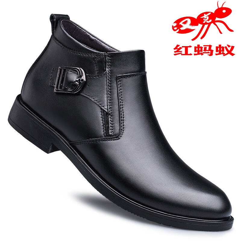 汉克红蚂蚁男靴真皮黑色圆头中帮男拉链商务休闲皮靴潮流短靴子加绒