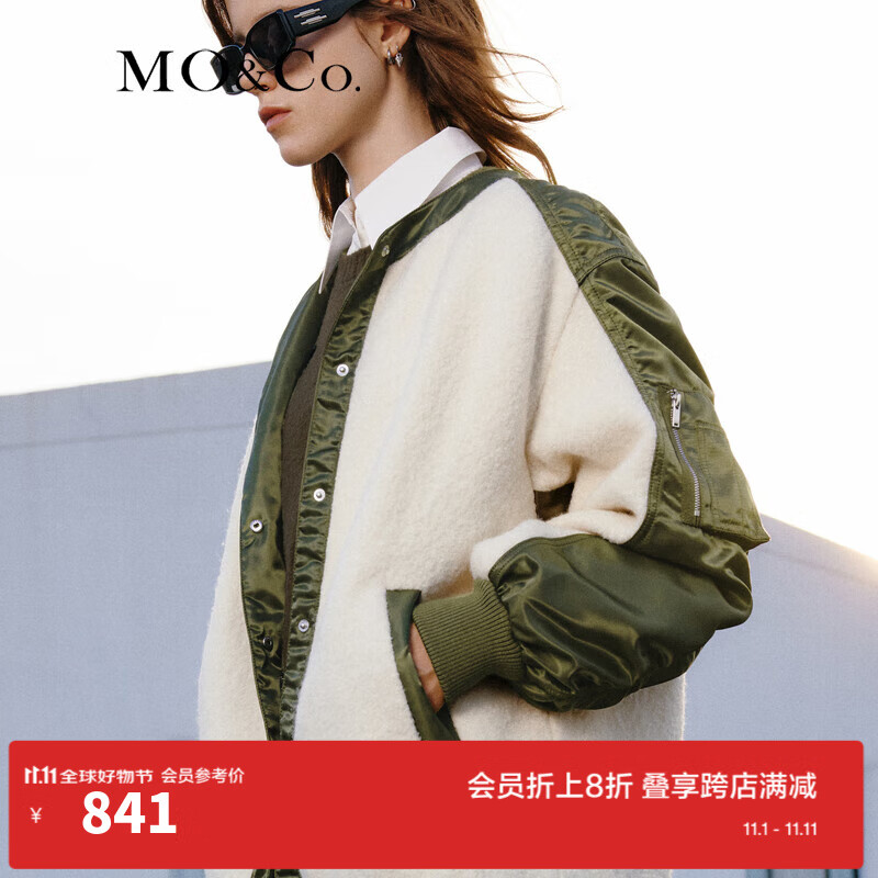 MO&Co.2023冬新品毛绒拼接撞色宽松圆领飞行员夹克MBC4COTT16moco 米白色 S/160