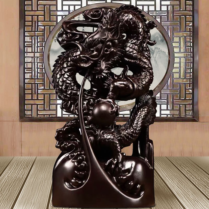 天从 实木龙摆件 黑檀木雕金龙工艺品生肖神龙家居办公桌面摆件吉祥物