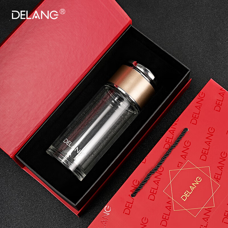 德琅(DELANG)德国品牌水杯双层玻璃杯商务办公玻璃杯 茶水分离杯8006-玫瑰金-礼盒装