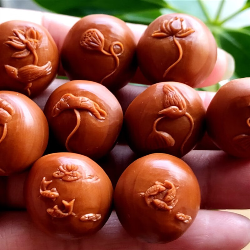 侨沁荷塘月色 荷花鲤鱼橄榄核手串 纯手工 舟山核雕手串 文玩男女士款