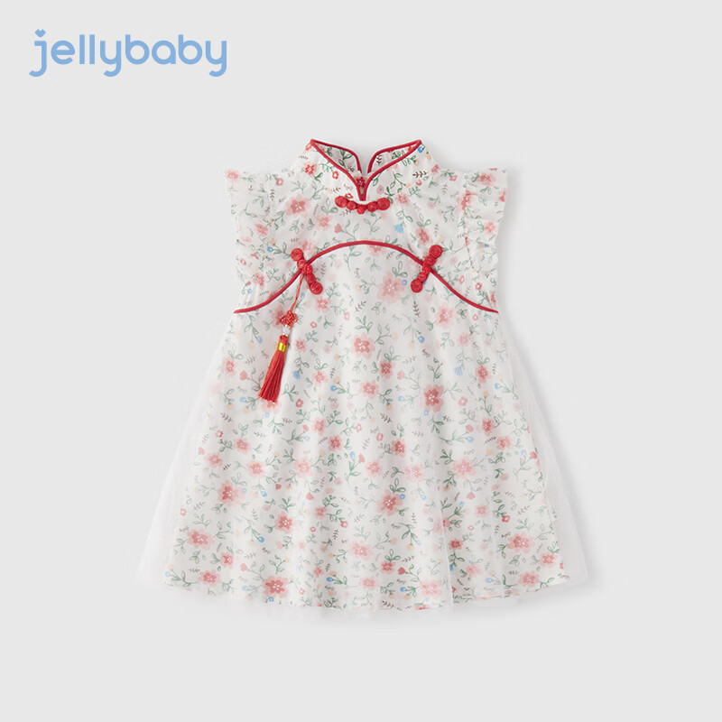 JELLYBABY旗袍女童夏款中国风夏季婴儿唐装裙子女孩洋气童装夏装 白底红花 120cm
