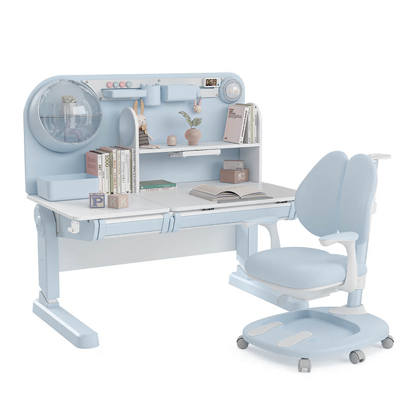 黑白调学习时光 儿童学习桌 书桌 儿童书桌 学习桌 小学生书桌写字桌 带书架高度可升降实木类桌椅套装