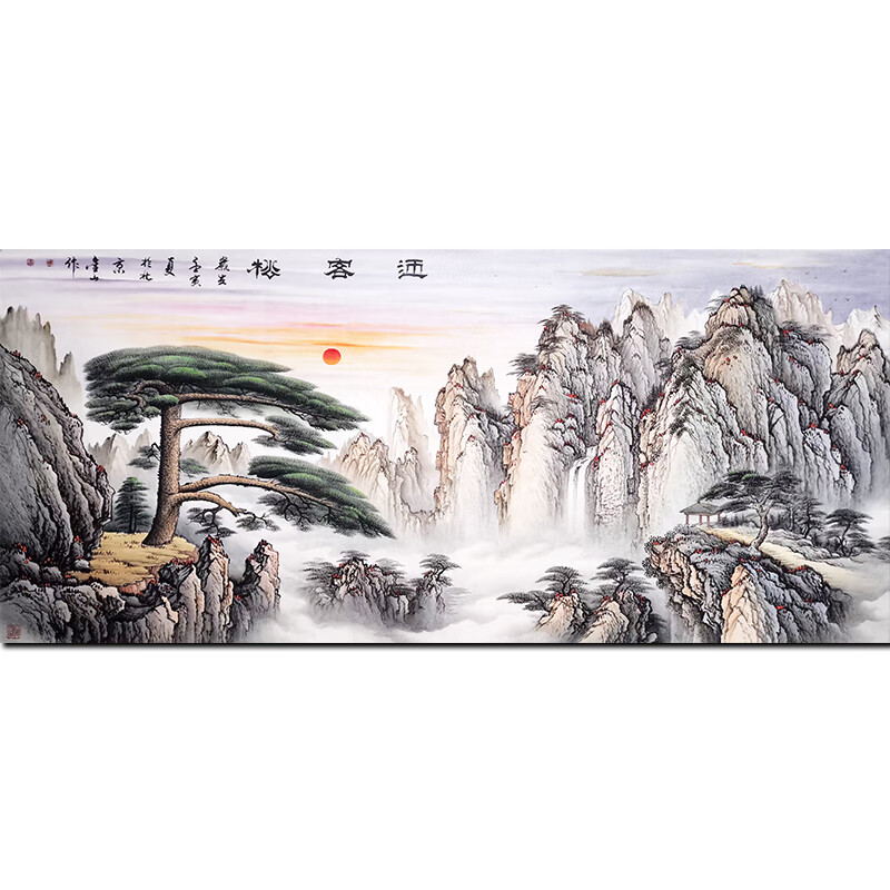 当代大红袍画家,工笔国画大师 周金山《迎客松》名人亲笔手绘真迹字画