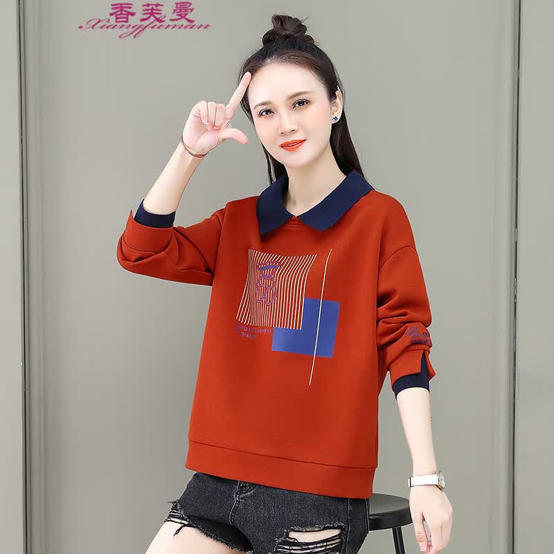 香芙曼卫衣女长袖套头上衣秋冬新款女装时尚翻领加绒小个子学院风打底衫 桔红色 M(95-107斤)怎么看?