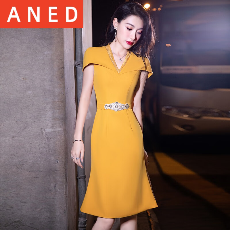 aned大牌黄色晚礼服女2023新款轻奢小众高端平时可穿名媛气质鱼尾主持