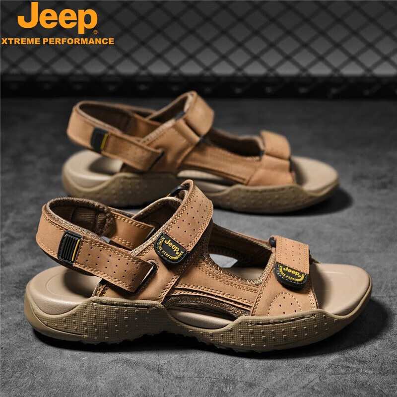 Jeep吉普沙滩凉鞋男鞋2024夏季新款潮流外穿运动真皮凉拖鞋子男款 棕色 41 皮鞋码