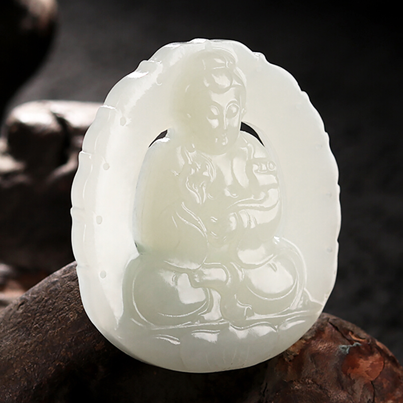 和田玉白玉 苏工古韵精雕 细腻油润洁白润泽 观音菩萨有求必应 挂坠