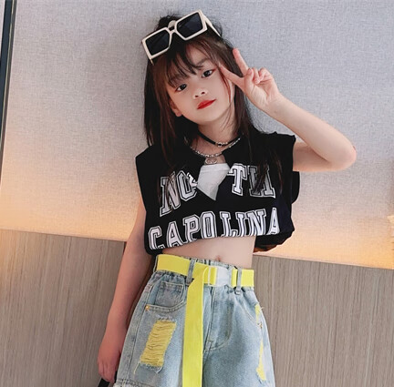 筝宁露肚子小女孩衣服夏季女童爵士服甜酷露肚脐短裤街舞套装少儿走秀