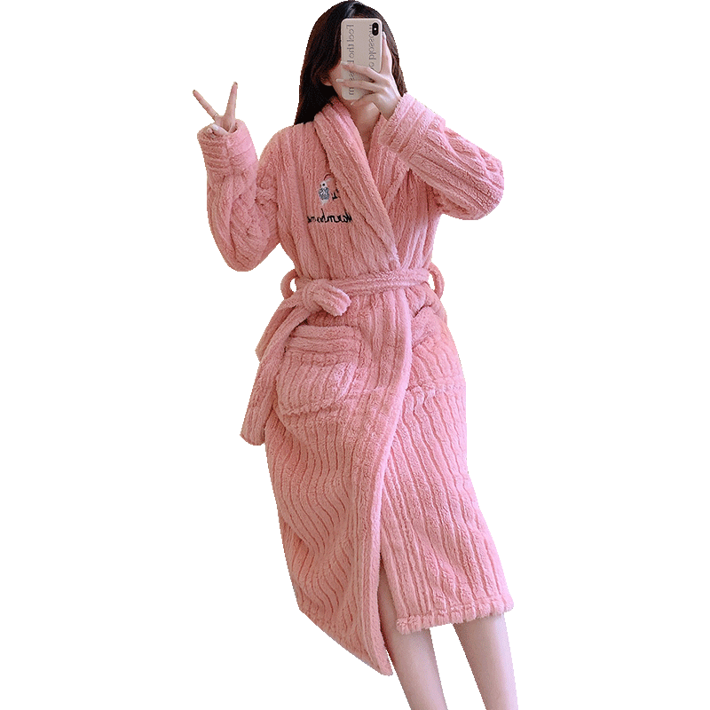浪莎睡袍女珊瑚絨秋冬季長款睡衣加厚加絨法蘭絨浴袍家居服粉色粉色L
