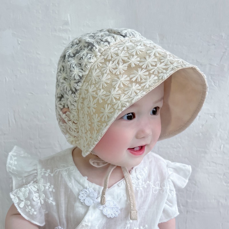 贝娜茜婴儿帽子夏季薄款防晒女宝宝遮阳渔夫帽蕾丝公主盆帽太阳帽可爱 GZ7006-米色 5个月-2岁（42-49CM）