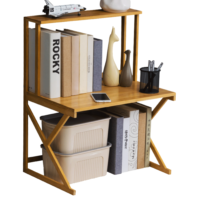 淘之良品简易多层桌面小书架简约现代学生书柜楠竹落地组合实木整理置物架中式实木储物架阅读架看书架小柜子 二层53长-茶色
