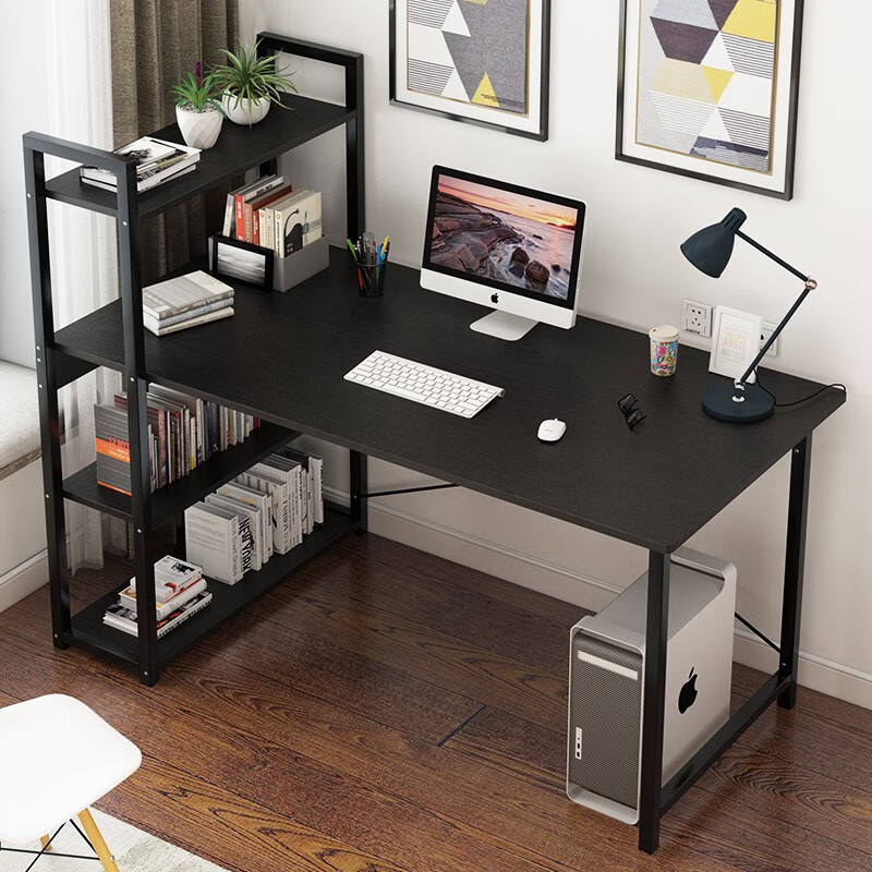 悦美妙电脑桌台式家用书桌书柜组合现代简约办公桌卧室带书架简易写字台 黑柳木