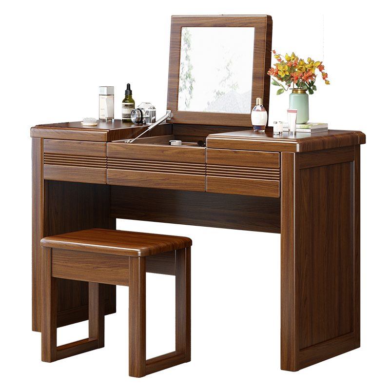 卡洛森梳妆台 简约现代中式胡桃木梳妆台带抽屉带梳妆镜化妆桌小户型卧室储物家具 梳妆台+妆凳